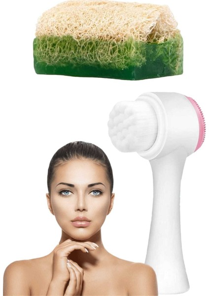 2'li Tüm Cilt Bakım Seti Kabak Lifli Aloe Vera Sabun Çift Taraflı Yüz Temizleme Fırçası
