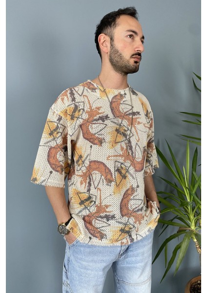 Oversize Bisiklet Yaka Jakarlı Turkuaz Tişört