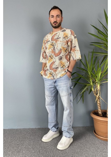 Oversize Bisiklet Yaka Jakarlı Turkuaz Tişört indirimleri