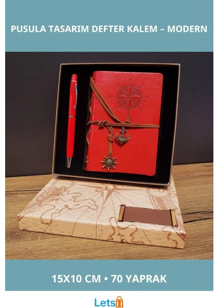 Kırmızı Pusula Tasarım Deri Defter 70 Yapraklı ve Touchpen Kalem