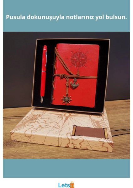 Kırmızı Pusula Tasarım Deri Defter 70 Yapraklı ve Touchpen Kalem fiyatları