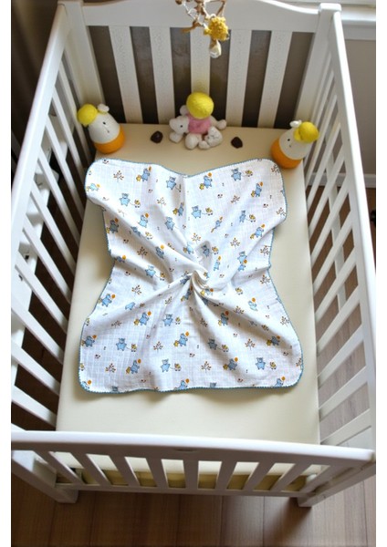 Minika Çok Amaçlı Müslin Örtü Mavi Ayıcık 80 x 90 cm Yenidoğan Örtü Bez