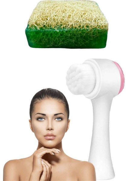 2'li Tüm Cilt Bakım Seti Kabak Lifli Çay Ağacı Sabun Çift Taraflı Yüz Temizleme Fırçası