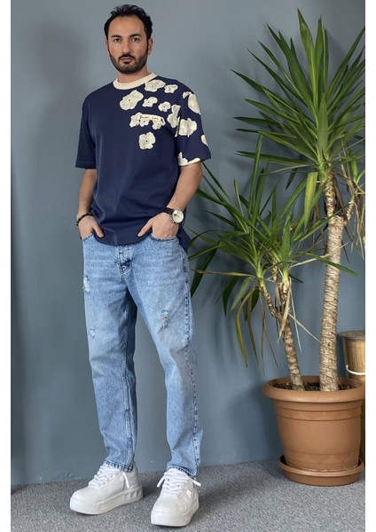 Bisiklet Yaka Omuz Desenli Yazlık Lacivert Tişört fiyatları