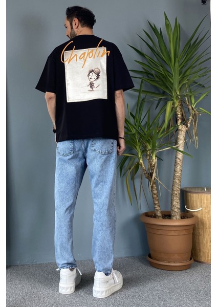 Van Gogh Baskılı Bisiklet Yaka Oversize Siyah Tişört