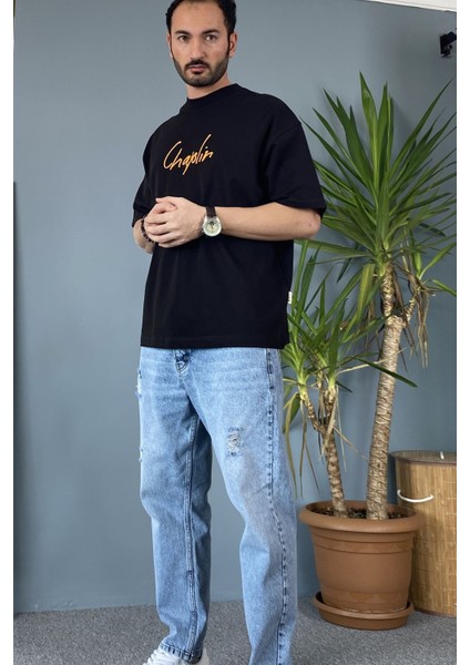 Van Gogh Baskılı Bisiklet Yaka Oversize Siyah Tişört fırsatları