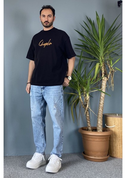 Van Gogh Baskılı Bisiklet Yaka Oversize Siyah Tişört indirimleri