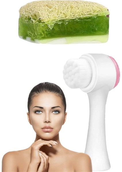 2'li Cilt Bakım Kabak Lifli Keçi Sütü Aloe Vera Sabun Çift Taraflı Yüz Temizleme Fırçası