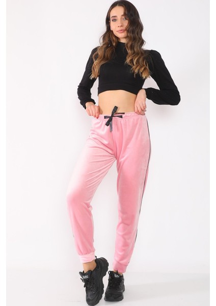 Yüksek Bel Pudra Kadife Kadın Cepsiz Eşofman Altı