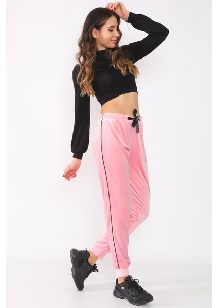 Yüksek Bel Pudra Kadife Kadın Cepsiz Eşofman Altı fırsatları