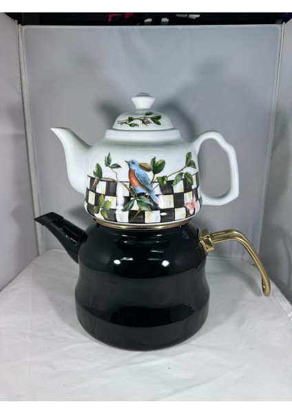 Miss Betty Emaye Desenli Çaydanlık Porselen Demlikli Büyük Boy