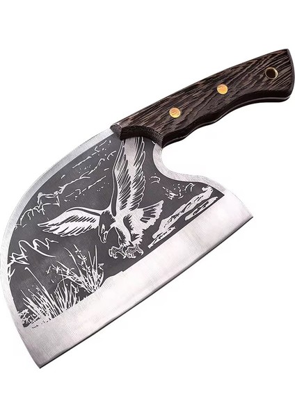 Cravus Almazan Şef Satırı – El Yapımı Şef & Kamp Doğrama Bıçağı, Doğal Ahşap Wenge Sap, Deri Kılıf Dahil