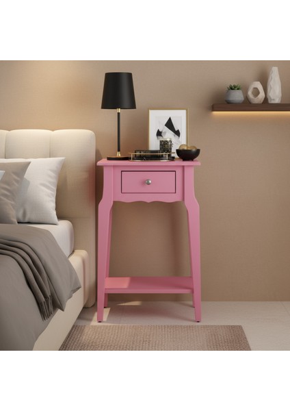 Masif Konik Pembe Raflı Komodin - Mini Dresuar
