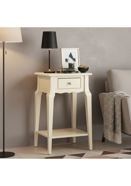 Masif Konik Krem Raflı Yan Sehpa - Saksılık