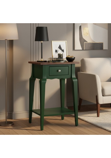 Masif Konik Yeşil Ceviz Raflı Yan Sehpa - Saksılık