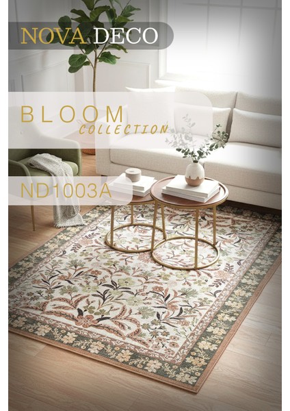 Vintage Floral Desenli Kaymaz Taban Yıkanabilir Halı Bloom