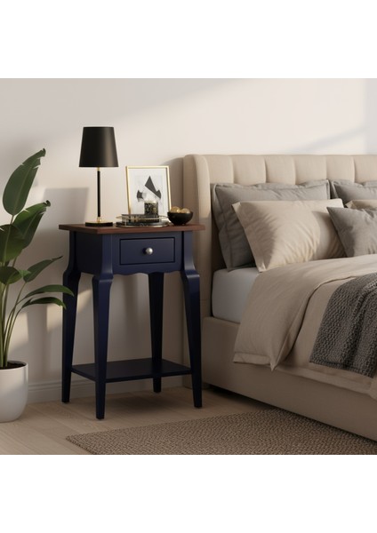 Masif Konik Lacivert Ceviz Raflı Komodin - Mini Dresuar