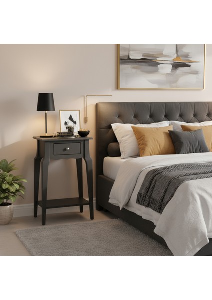 Masif Konik Antrasit Raflı Komodin - Mini Dresuar