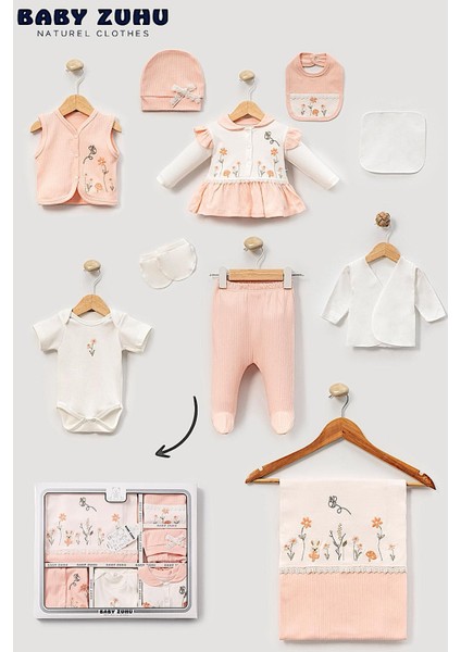 Kız Bebek 0-3 Ay Organik Pamuktan Çiçekli Mantar Nakışlı 10 Lu Hastane Çıkış Zıbın Seti