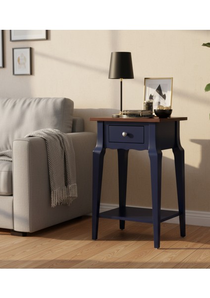 Masif Konik Lacivert Ceviz Raflı Yan Sehpa - Saksılık