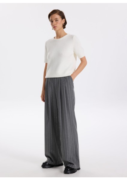 Normal Bel Geniş Fit Gri - Beyaz Kadın Pantolon F5WL-PNT0134
