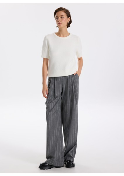 Normal Bel Geniş Fit Gri - Beyaz Kadın Pantolon F5WL-PNT0134 fiyatları