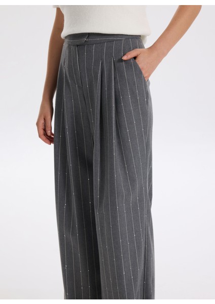 Normal Bel Geniş Fit Gri - Beyaz Kadın Pantolon F5WL-PNT0134 fırsatları