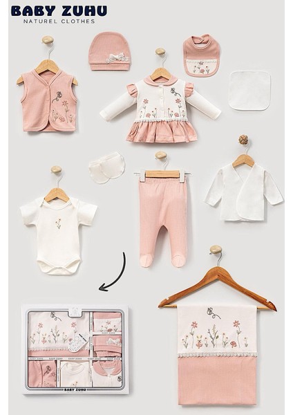 Kız Bebek 0-3 Ay Organik Pamuktan Çiçekli Mantar Nakışlı 10 Lu Hastane Çıkış Zıbın Seti