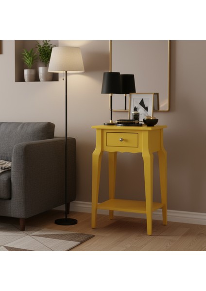 Masif Konik Sarı Raflı Raflı Yan Sehpa - Saksılık