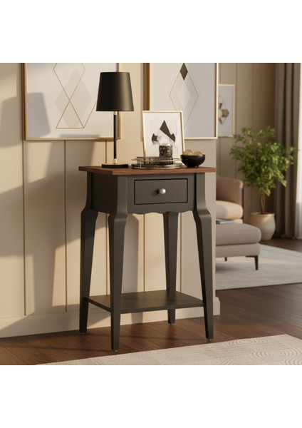 Masif Konik Antrasit Ceviz Raflı Yan Sehpa - Saksılık