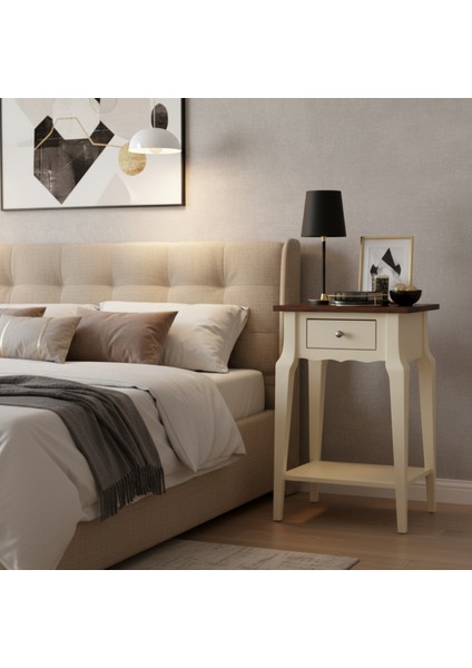 Masif Konik Krem Ceviz Raflı Komodin - Mini Dresuar