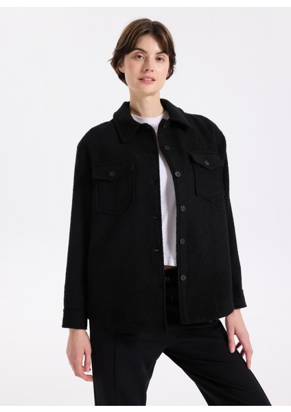 D5WL-GML3584 Siyah Relaxed Düz Kadın Gömlek