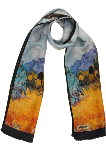 %100 Ipek Şal Fular (27X135CM)-VINCENT Van Gogh(Buğday Tarlası ve Selvi)