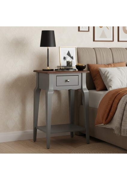 Masif Konik Gri Ceviz Raflı Komodin - Mini Dresuar