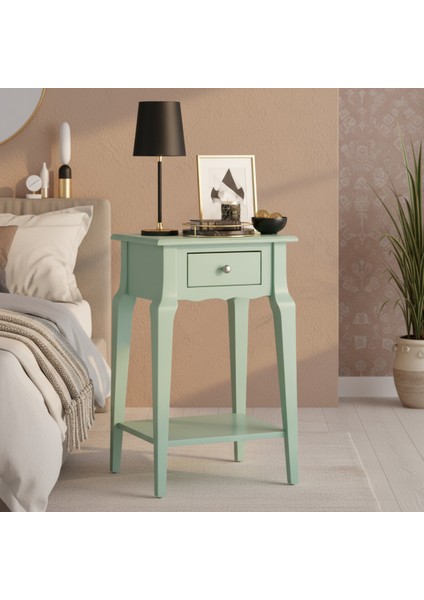 Masif Konik Su Yeşili Raflı Komodin - Mini Dresuar