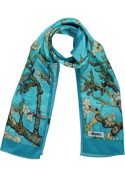 %100 Ipek Şal Fular (27X135 Cm)-Vincent Van Gogh (Badem Ağacı Turkuaz)