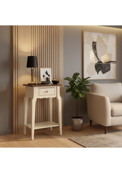 Masif Konik Krem Ceviz Raflı Yan Sehpa - Saksılık