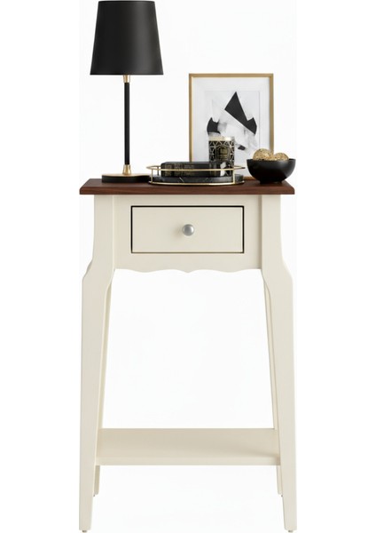 Masif Konik Krem Ceviz Raflı Yan Sehpa - Saksılık fiyatları