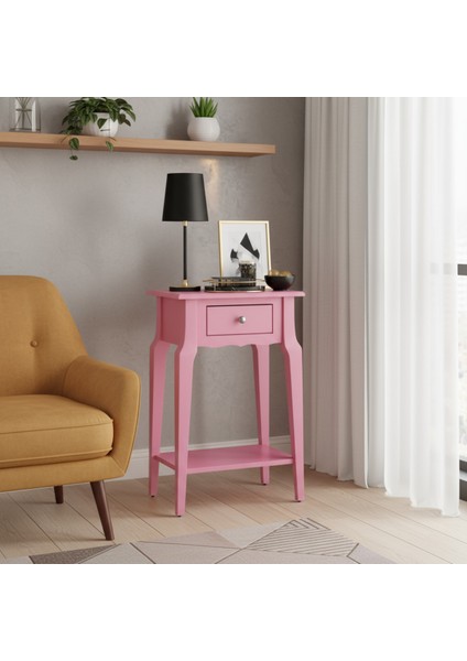 Masif Konik Pembe Raflı Yan Sehpa - Saksılık