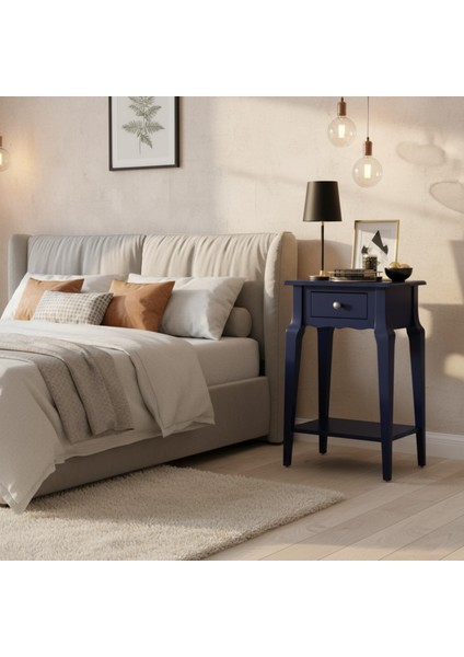 Masif Konik Lacivert Raflı Komodin - Mini Dresuar