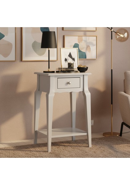 Masif Konik Açık Gri Raflı Yan Sehpa - Saksılık