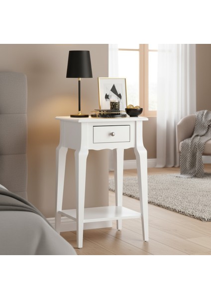 Masif Konik Beyaz Raflı Komodin - Mini Dresuar