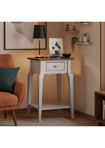 Masif Konik Açık Gri Ceviz Raflı Yan Sehpa - Saksılık