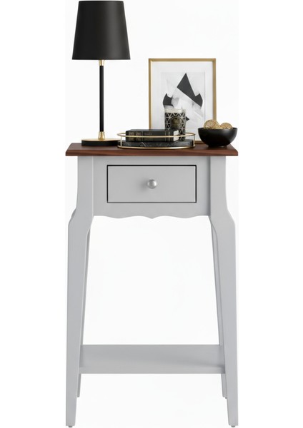 Masif Konik Açık Gri Ceviz Raflı Yan Sehpa - Saksılık fiyatları