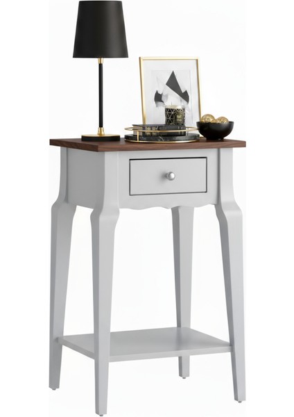 Masif Konik Açık Gri Ceviz Raflı Yan Sehpa - Saksılık modelleri