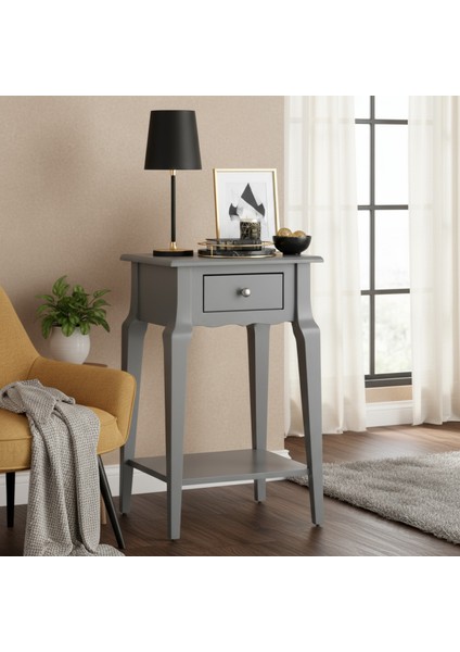 Masif Konik Gri Raflı Yan Sehpa - Saksılık