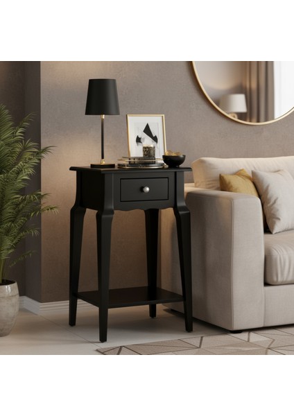 Masif Konik Siyah Raflı Yan Sehpa - Saksılık