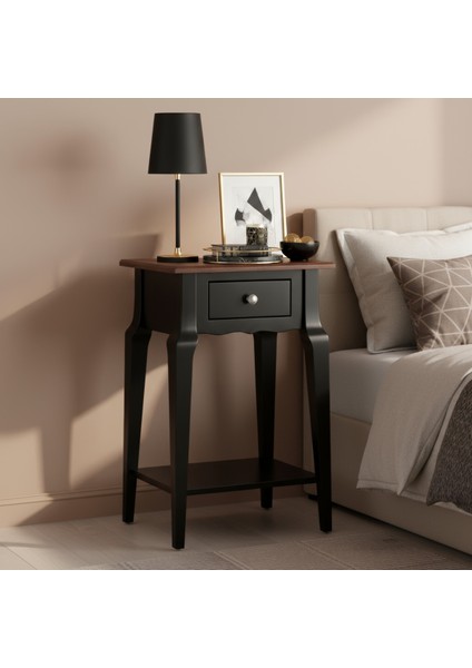 Masif Konik Siyah Ceviz Raflı Komodin - Mini Dresuar