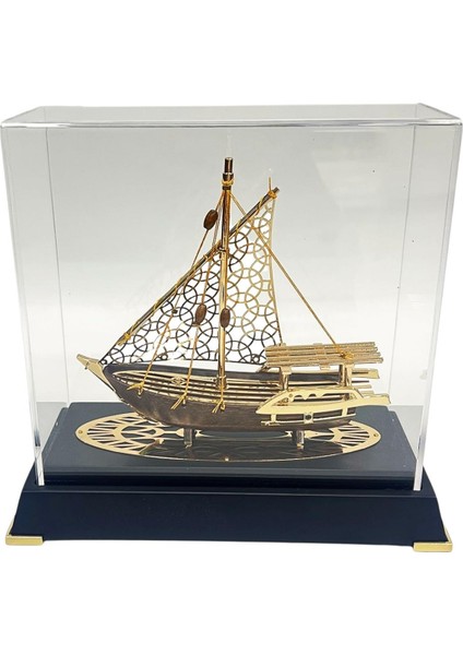 Pirinç Yelkenli Gemi Altın Kaplama Katar Dhow Teknesi Deri Kutulu 23CM No.2