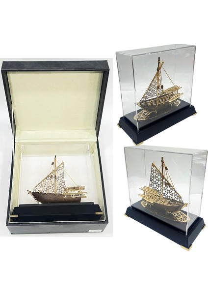 Pirinç Yelkenli Gemi Altın Kaplama Katar Dhow Teknesi Deri Kutulu 23CM No.2 indirimleri